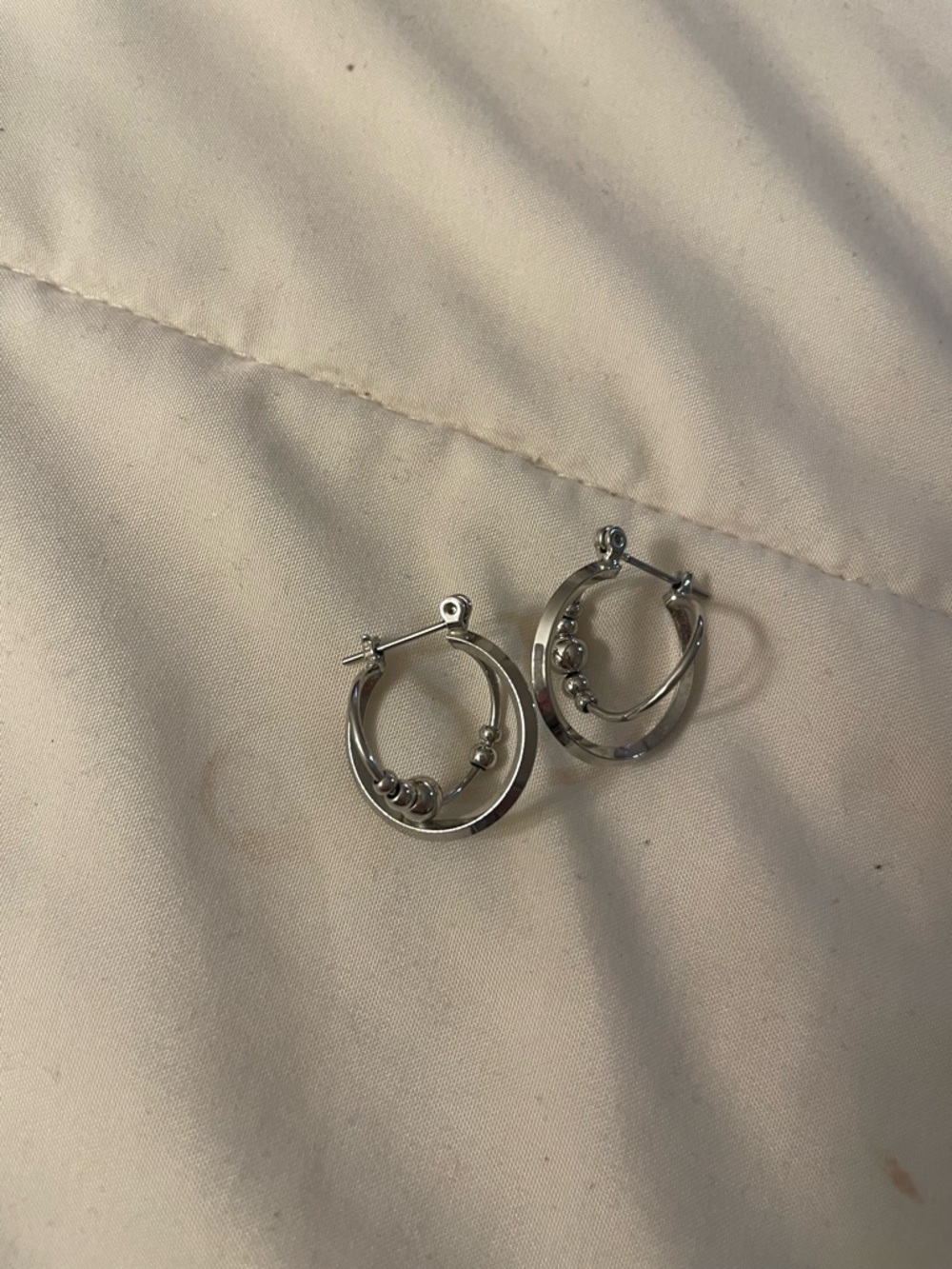 Silver Double Hoop Earrings with Bead Accents